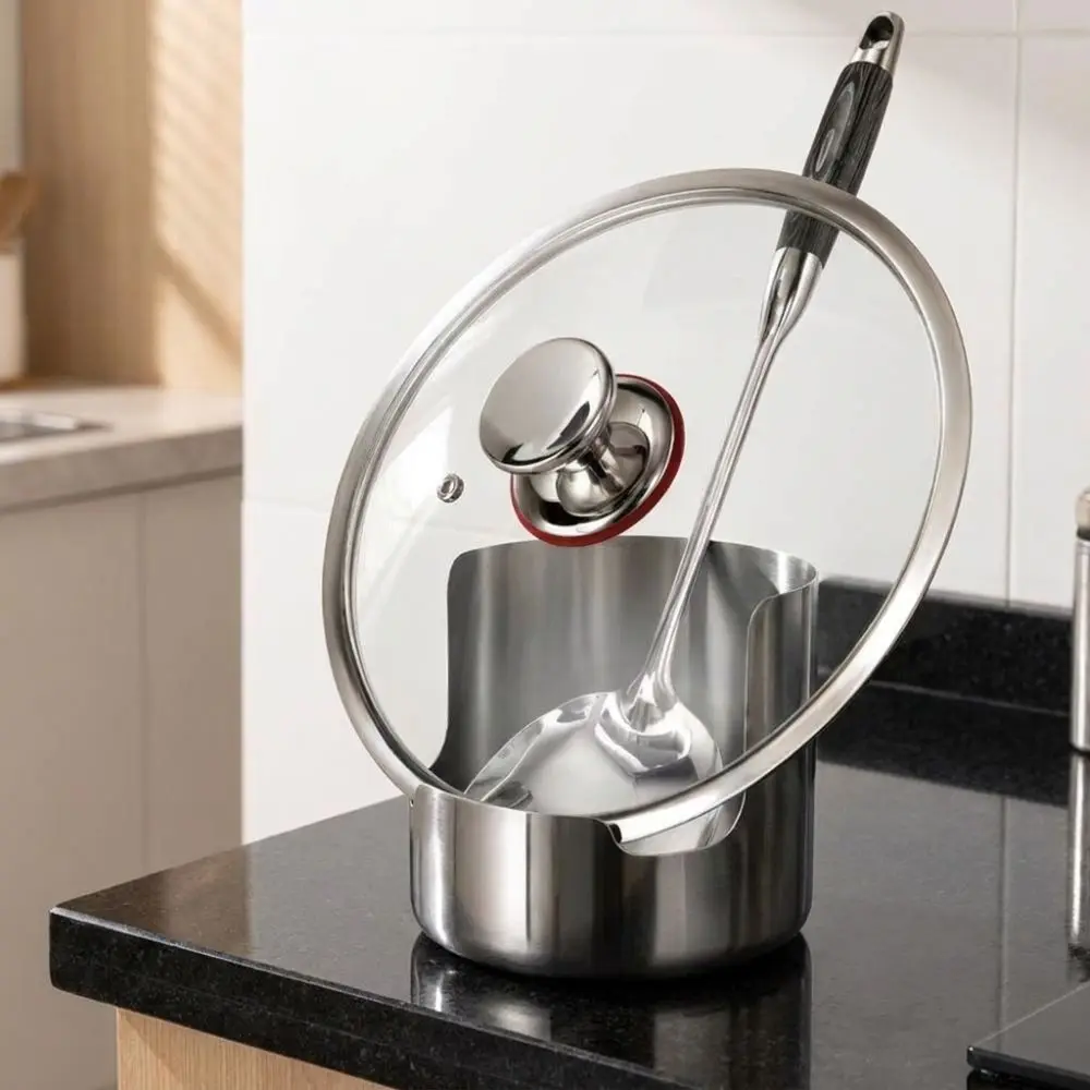 Stainless Steel Pot Lid Storage Rack Stable Non-Slip Spoon Holder Heat-Resistant Vertical Soup Spoon Rest Dinning Table