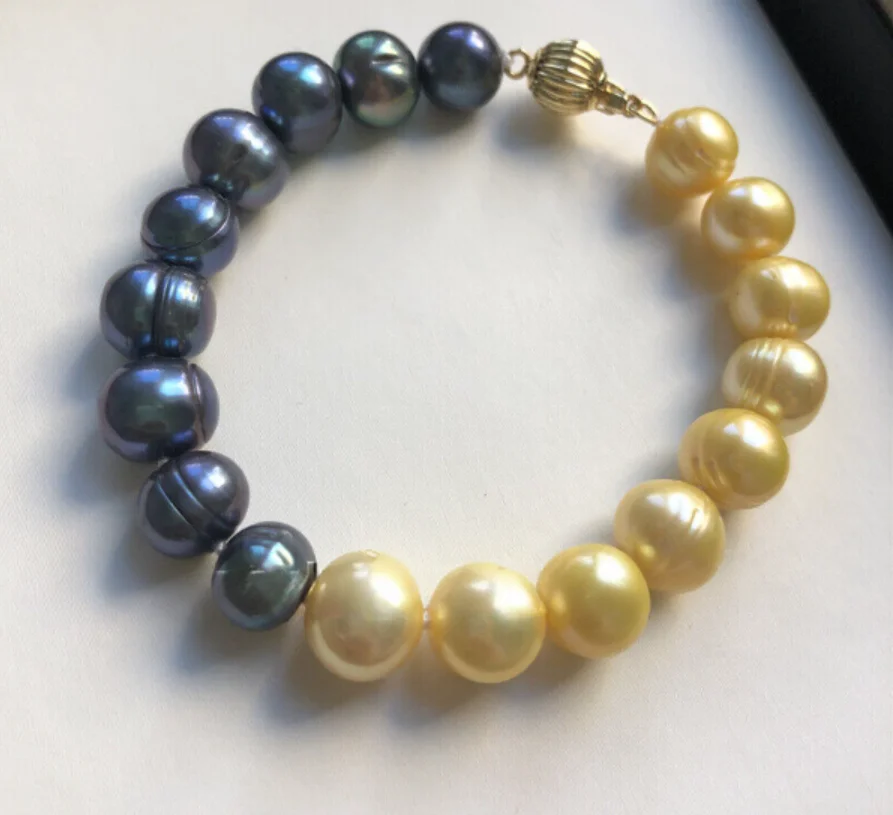 New Natural 9-10mm South China Sea Black Gold Pearl Bracelet 14K Clip