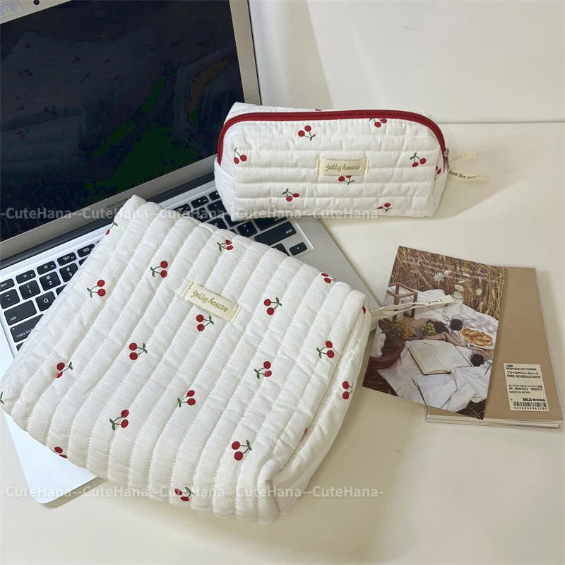 Cute Cherry Pattern Women\'s Cosmetics Bags Retro Female Travel Storage Bag Quilted Cotton Girls Pencil Case Makeup Purse Handbag