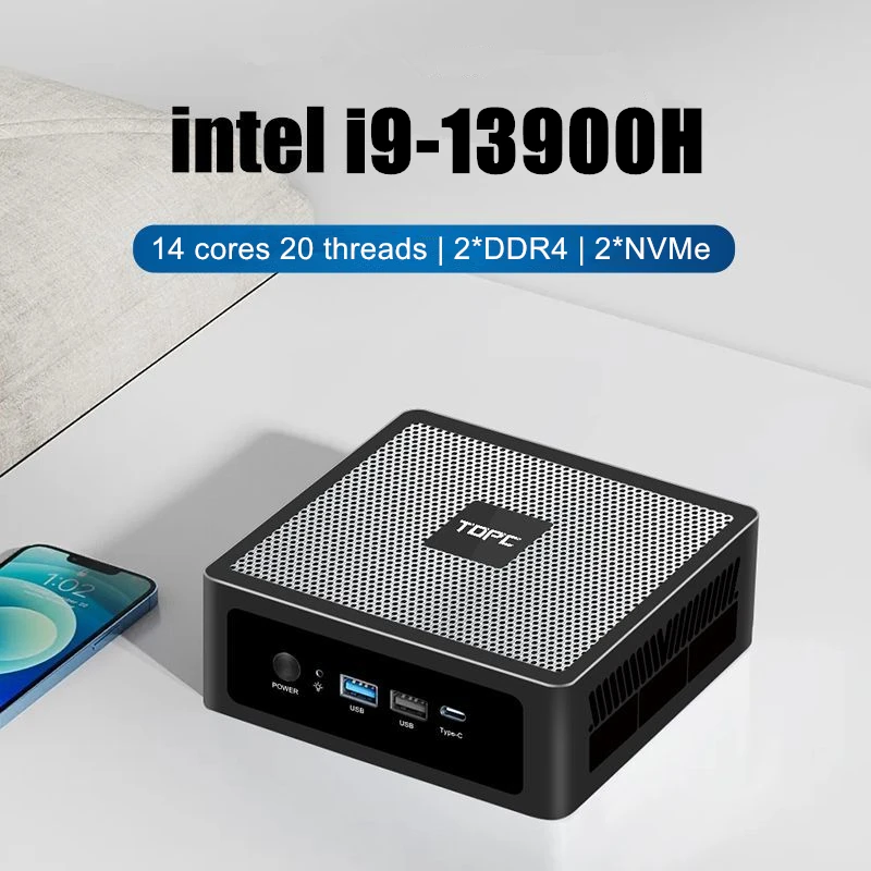 TOPC Mini PC Gamer, Intel Core i9-13900H/i7-13700H/i5 de 13a geração, 2xDDR4 RAM, 2xNVMe SSD, 2xLAN, computador pequeno para jogos de mesa