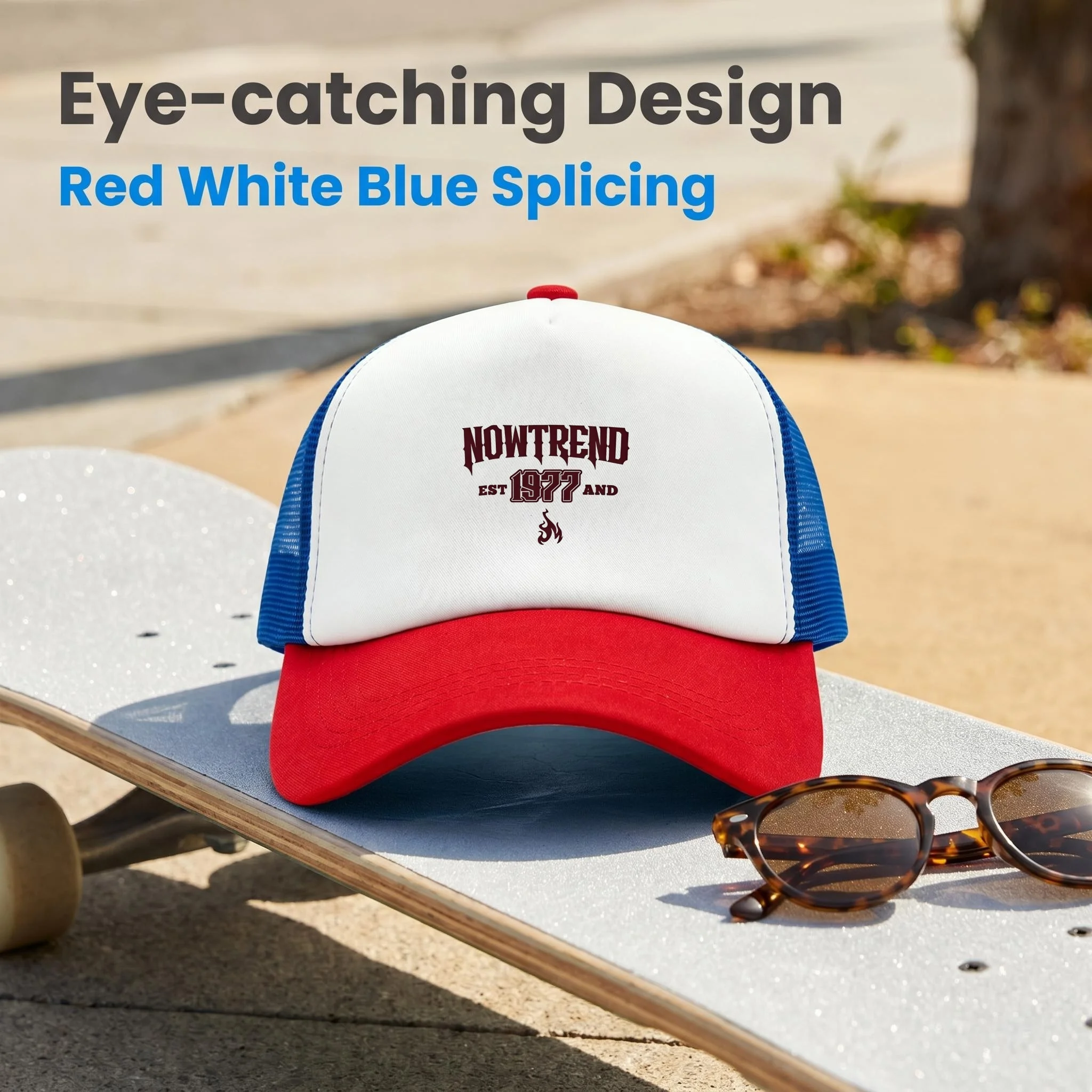 1PC NOWTREND EST 1977 Flame Print Two-Tone Mesh Trucker Hat Breathable Baseball Cap