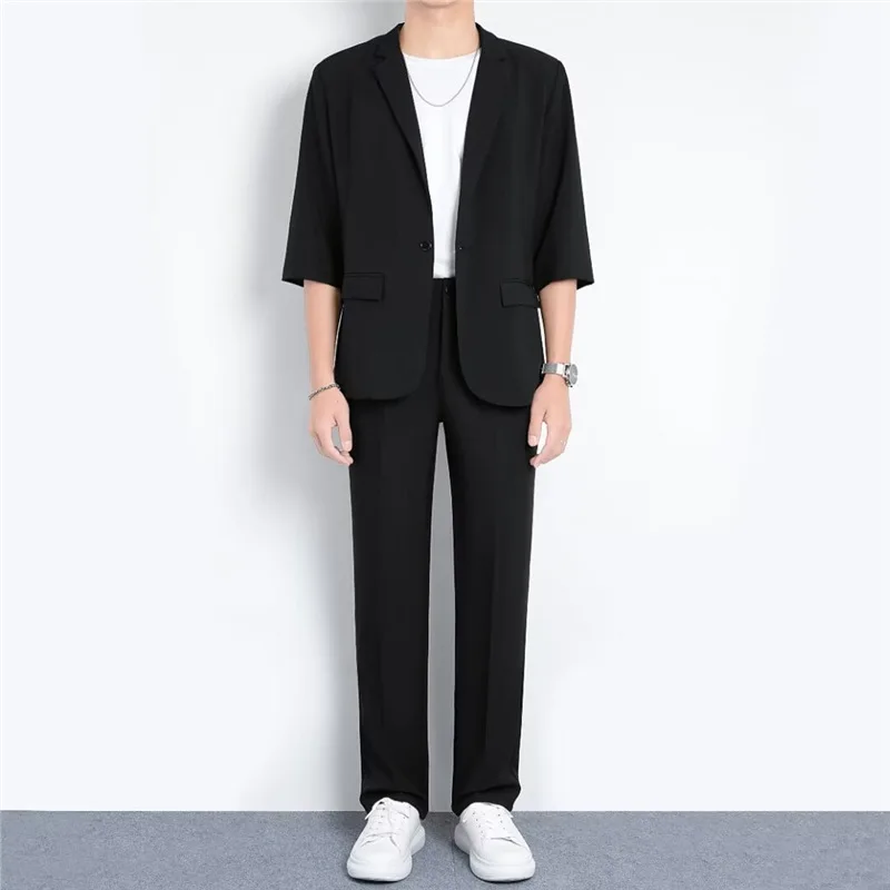 

KIDWHXR Summer Men Suit Outfit Single-breasted Half-sleeve Blazer Male Straight-leg Pant Man Thin Business Casual 2-piece Set