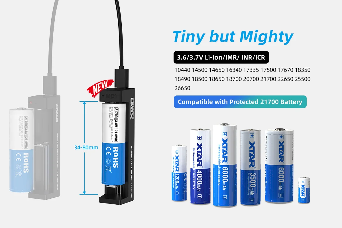 XTAR MC1 Mini Charger Wide Compatibility Type-C Charging 0V Activation Shockproof Design for 3.6V 10400-21700 Batteries