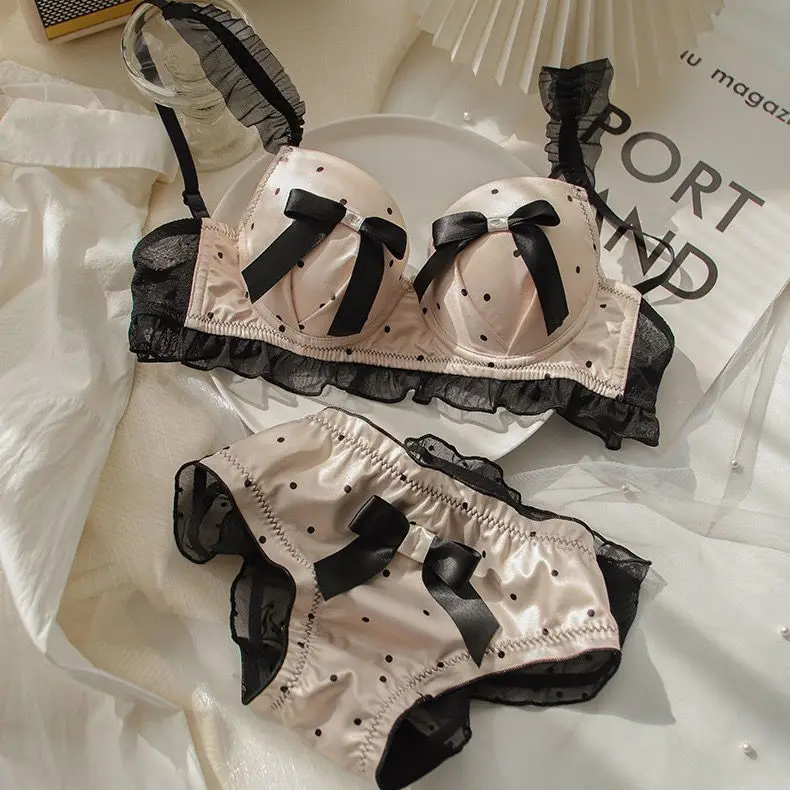 French retro Lolita Pointe Champagne satin bow Japanese sweet lingerie girly bra