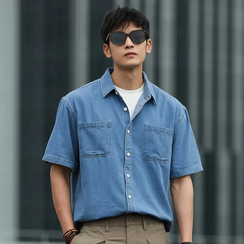 

Мужская летняя рубашка из синего денима в японском ретро-стиле, простая, универсальная, с коротким рукавом, приталенная, из искусственной кожи