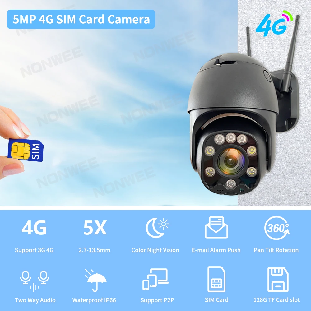 Draadloze 4G Sim Kaart Beveiligingscamera 5mp Ptz Auto Tracking Outdoor 1080P Hd 5x Optische Zoom Wifi Cctv Bewakingscamera Camhi