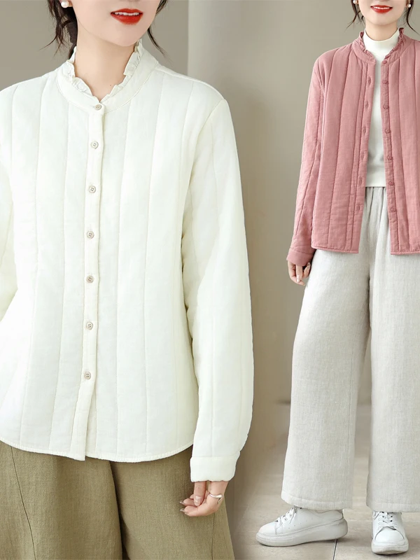 

Повседневная свободная хлопковая куртка с кружевным воротником, универсальное пальто с воротником-стойкой, корейская зимняя верхняя одежда Sle Thiened Long Sve