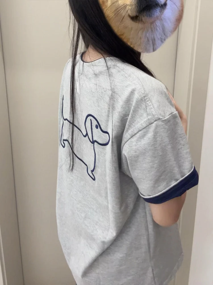 

Женская футболка свободного кроя с вышивкой, летний утягивающий повседневный хлопковый топ с цветочным воротником для пар