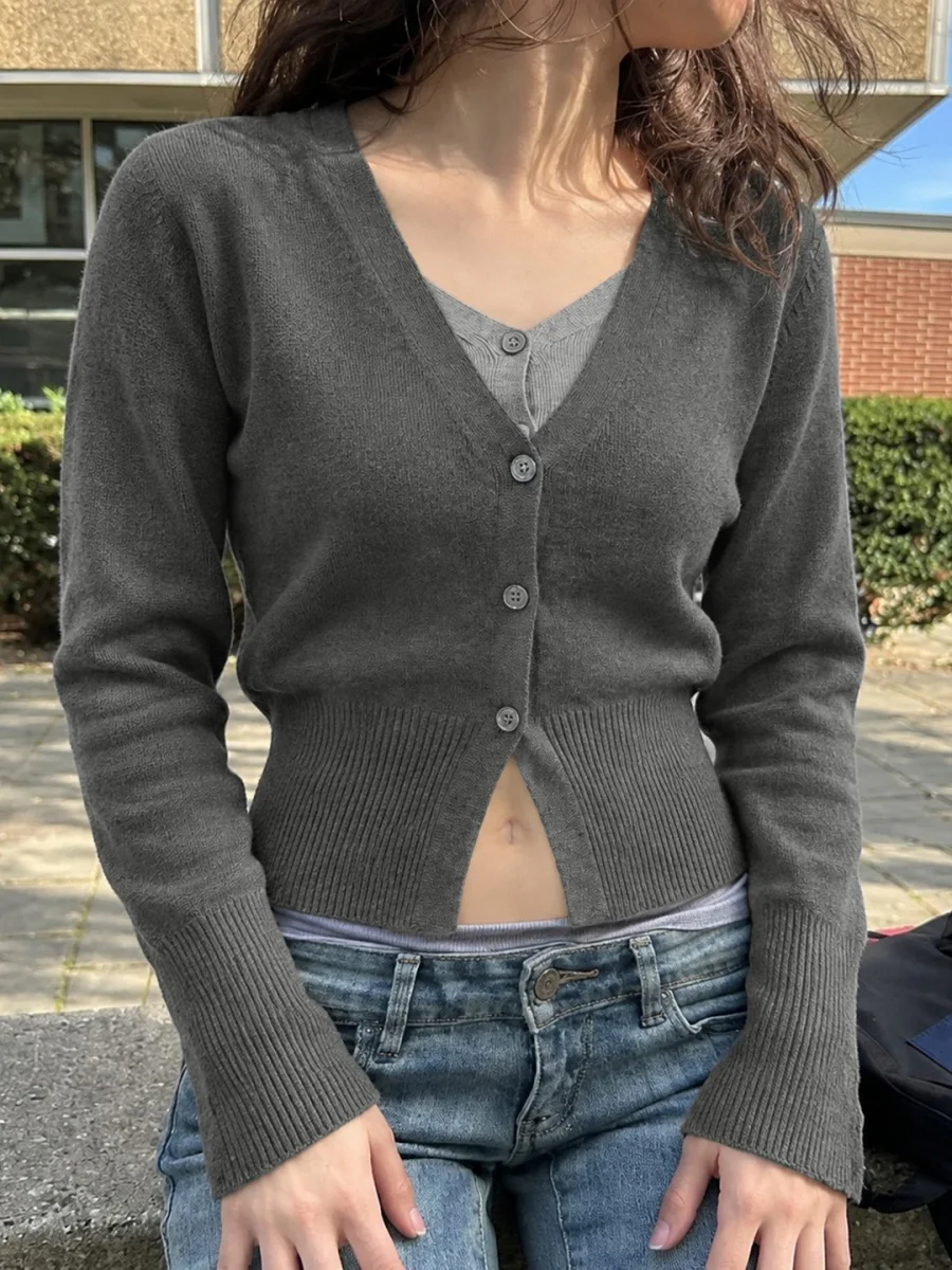 Elegant Cropped Knitted Sweater Women's V Neck Long Sleeve Colorblocking Ribbed Slim Cardigan Casual Y2K Basic Spring Autumn Top