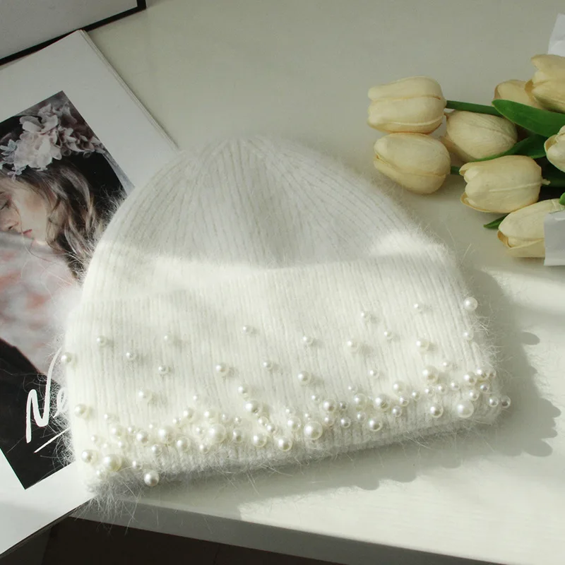 Hat Women Winter Beanie Angora Knit Pearls Warm Accessory For Cold Weather Autumn Sports Skiing Outdoor Holiday