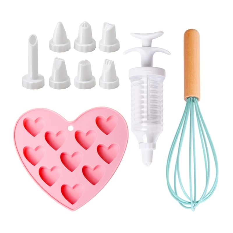 

Kids Baking Set Heart Silicone Mold Dessert Decorating Syringes Handheld Whisk