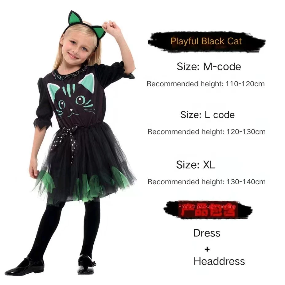 Costume da spettacolo per bambini di Halloween carnevale gatto nero personaggio Performance vestiti giocosi ragazze e ragazze