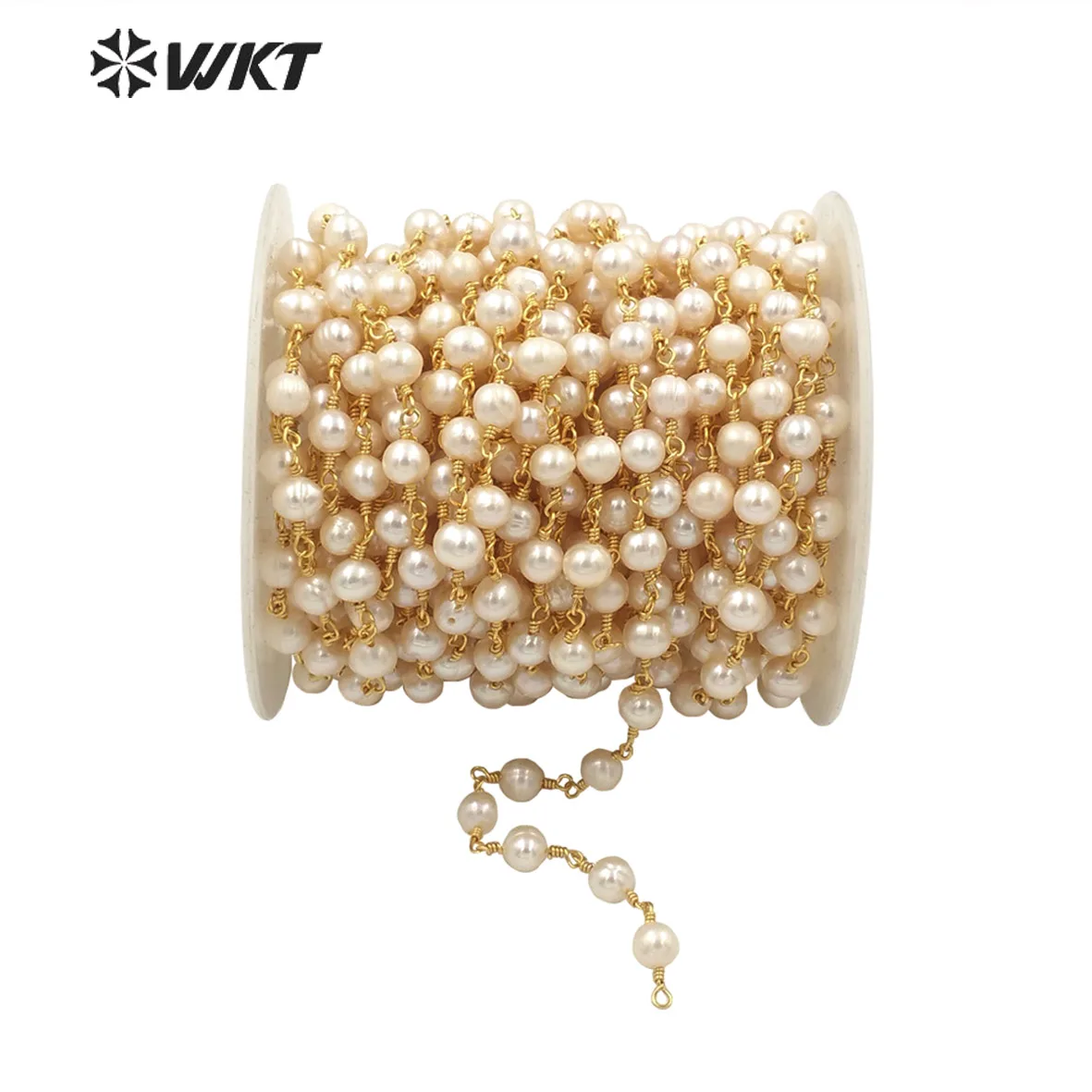 WT-RBC032 Wholesale Natural Freshwater Pearl Chain 5-6mm wire wrapped Beads Rosary Handmade chain For Women necklace by meter