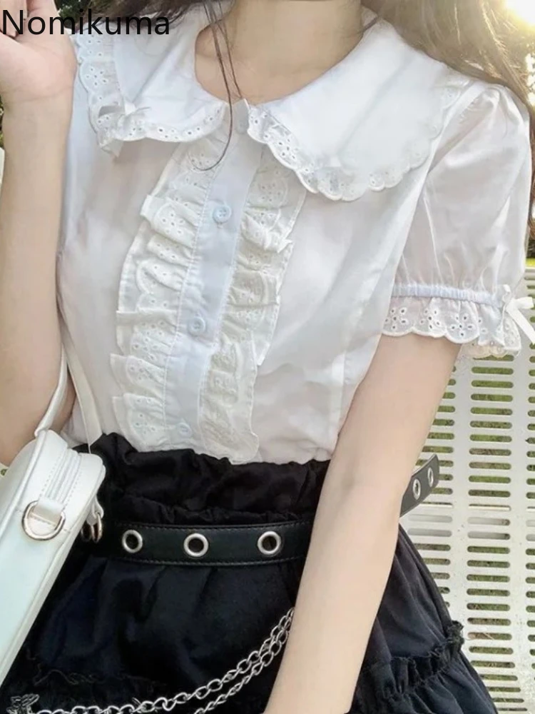 Sweet Blouse Women Peter Pan Collar Puff Sleeve Summer Shirts Patchwork Lace Ruffles Cute White Crop Tops 2024 Blusas De Mujer