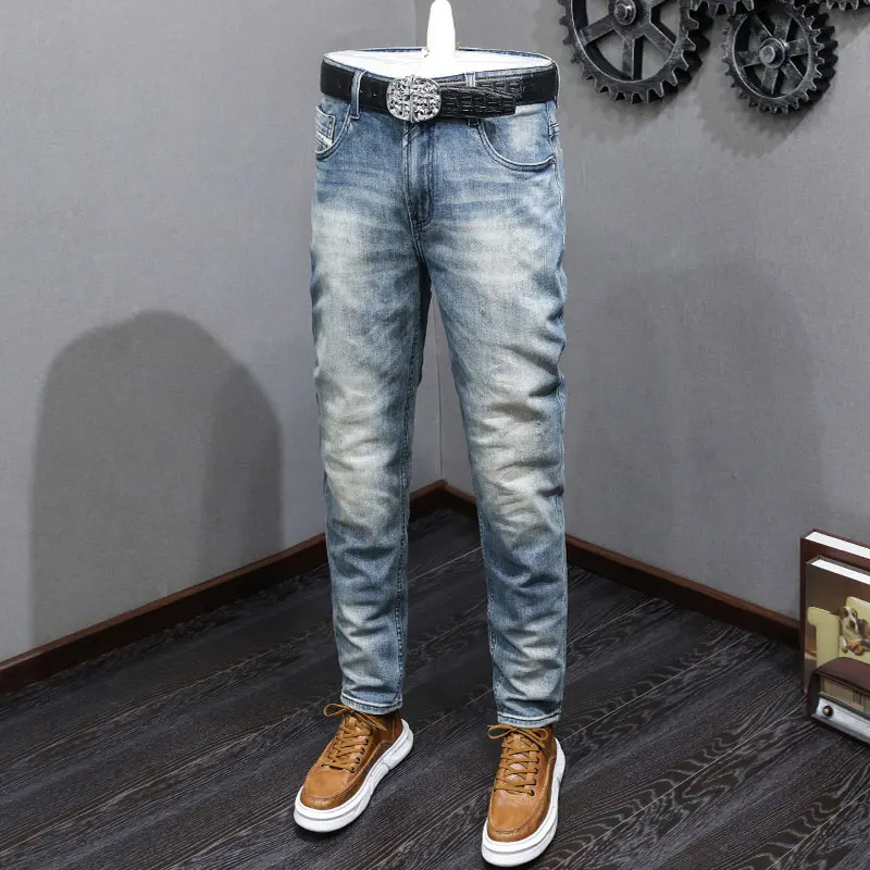 Modedesigner Männer Jeans hochwertige Retro gewaschen blau Stretch Slim Fit zerrissene Jeans Männer italienische Vintage Jeans hose Hombre