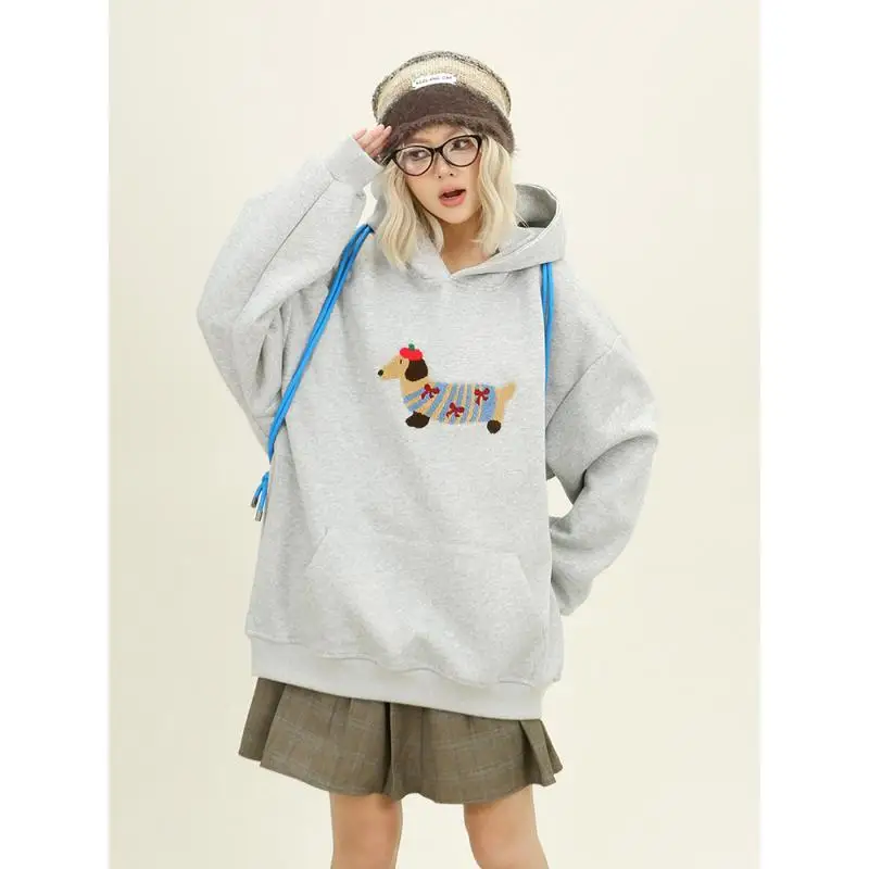 

Women Sweatshirt Streetwear Couples Tops Casual Loose Hoodie New Spring Autumn Winter Cartoon Dog Embroidery Hooded Pullover