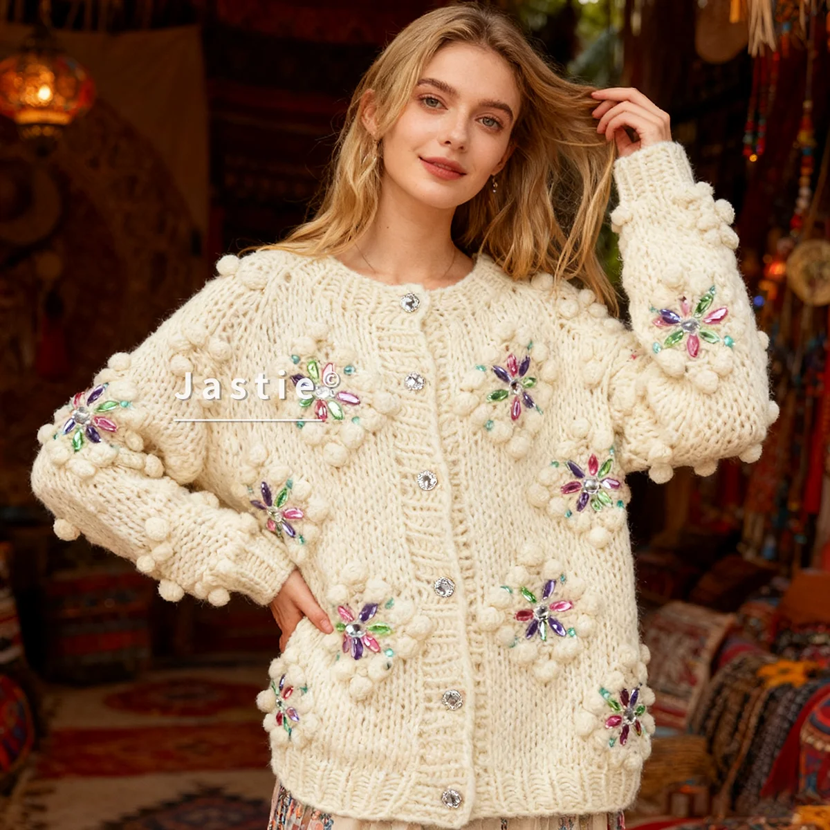 

2026 New Bohemian Embroidered Floral Crochet Pom-Pom Knit Cardigan Thick Knit Cardigan Autumn And Winter Women's Sweater Coats