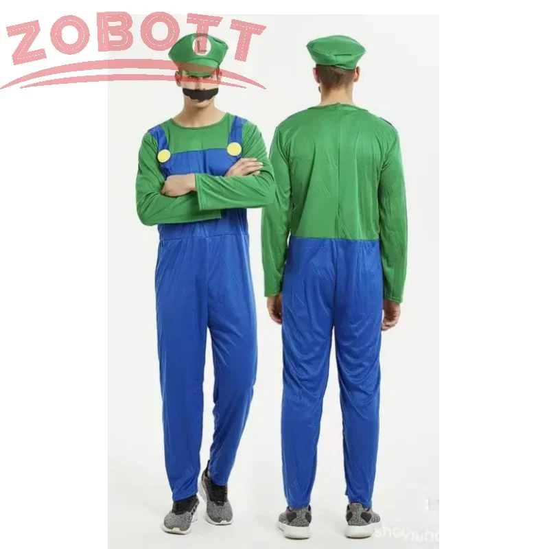 Anime Super Luigi Brothers Cosplay Adult Men and Women Boys Girls Jumpsuit Beard Hat Set Halloween Costume Props