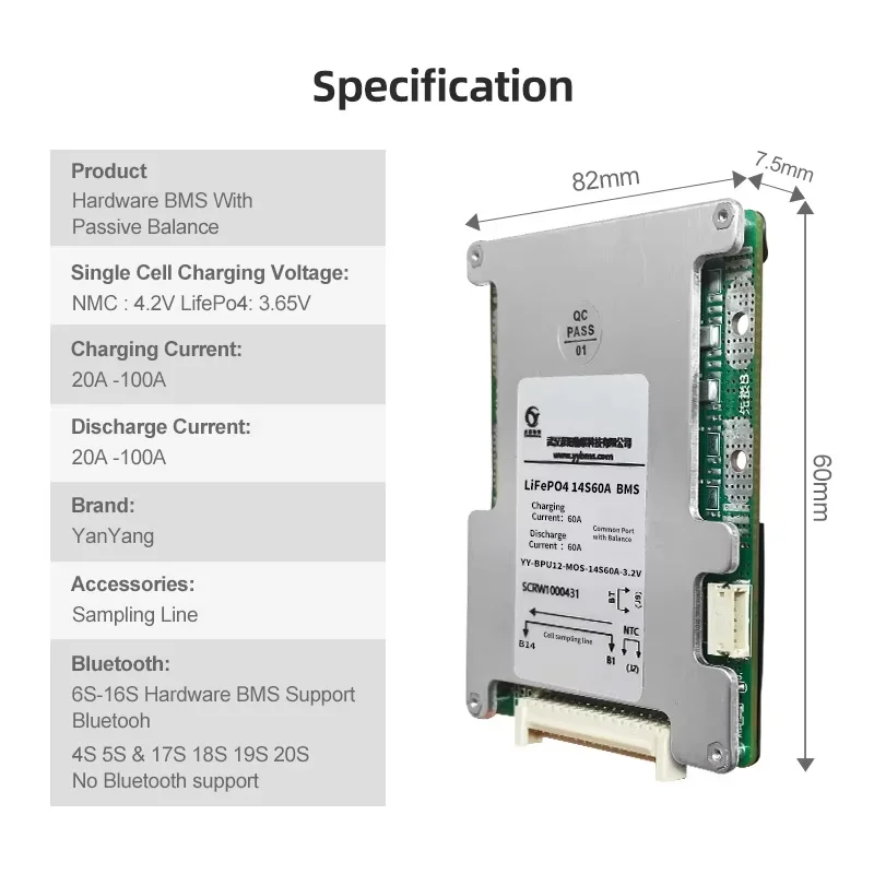 Yanyang BMS For LifePO4 Battery Electric Scooter 14S 24V 60A Lithium 18650 Battery Management System 24V BMS