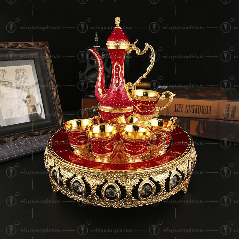 Middle Eastern European Vintage Metal Wine Set, Wedding Gift & Decorative Flask Kit