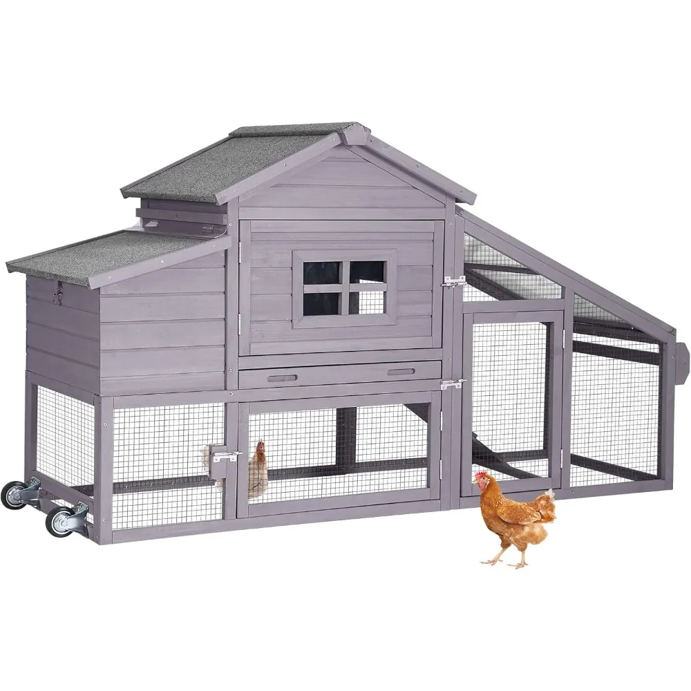 

Mobile Chicken Coop with Wheels, Outdoor Wooden Hen House with UV-Resistant Roof Panel & Run, Portable Poultry Cage