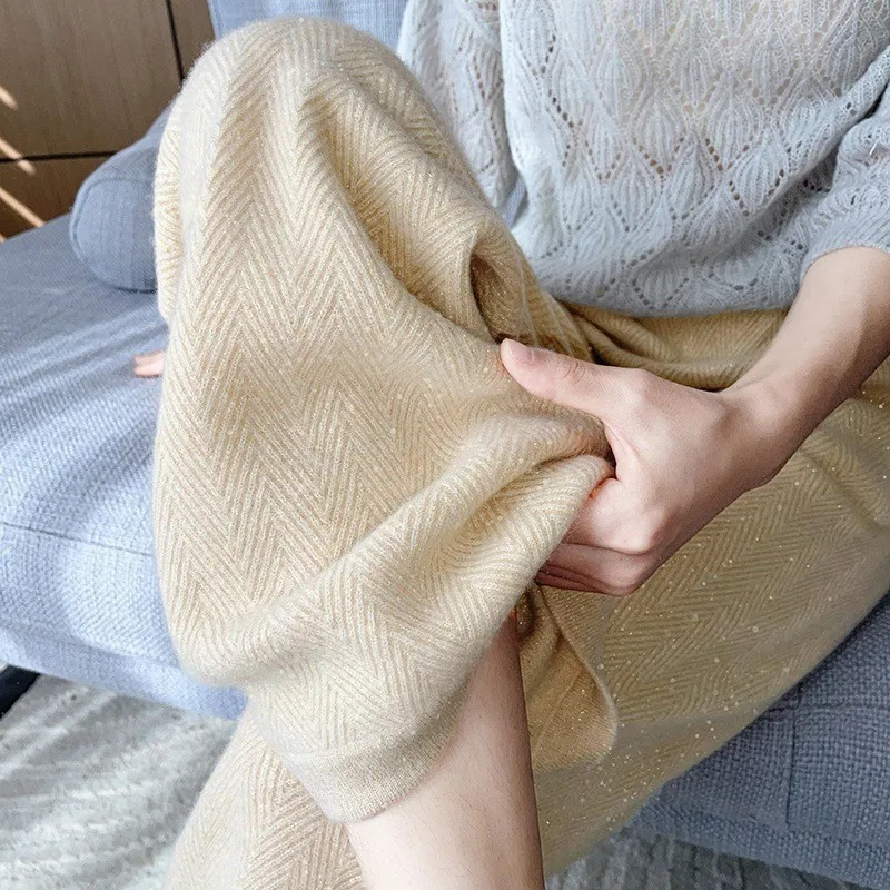 

High Waist Camere Wide Leg Pants Women's Straight Knitted Floor-Length Trousers Faionable Outerwear Woolen Commute Sle