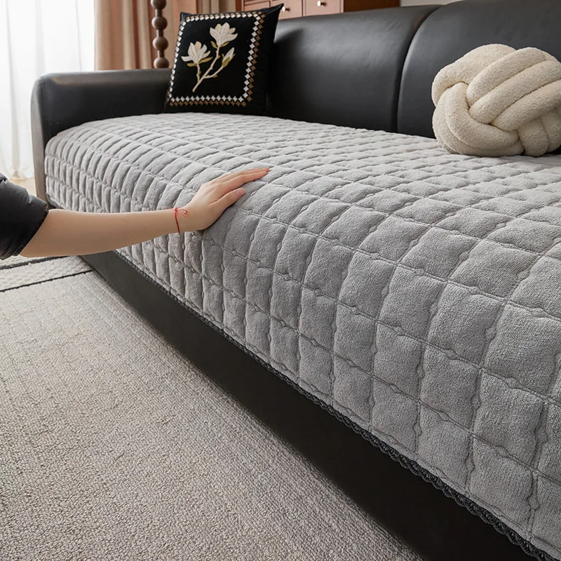 Plush Sofa Cover Anti Slip One Piece Quilted Grid Pattern Sofa Protector for All Season Use Home Living Room Couch Furniture Use