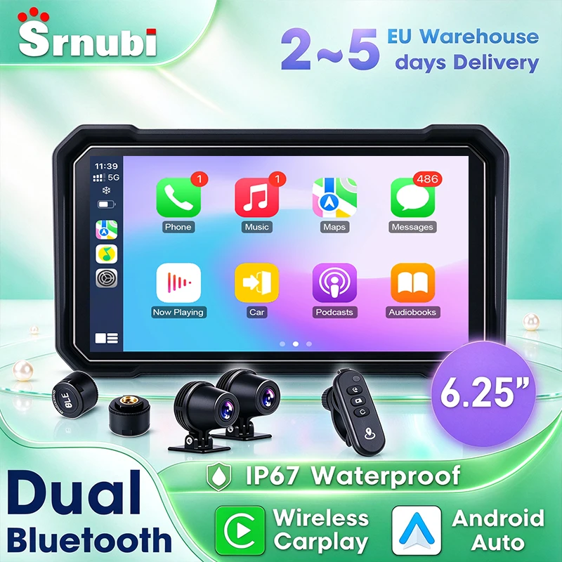 Srnubi 6,25-Zoll-Abnehmbares Digitales Motorrad-Armaturenbrett, IP67 Wasserdichtes Tragbares DVR-Display, Kabelloses CarPlay & Android Auto, GPS-Navigation, TPMS-Unterstützung, Bluetooth