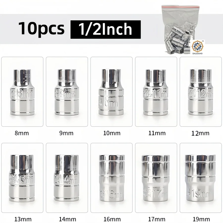 مجموعة مقابس تأثير متري شديدة التحمل مكونة من 10 قطع، خصيصًا للمفاتيح الهوائية بمحرك 1/ 2 بوصة، 8-19 مم متعددة المواصفات، مزورة من فولاذ الفاناديوم الكروم، قوي ومتين، مناسب لإزالة إطارات السيارة #3