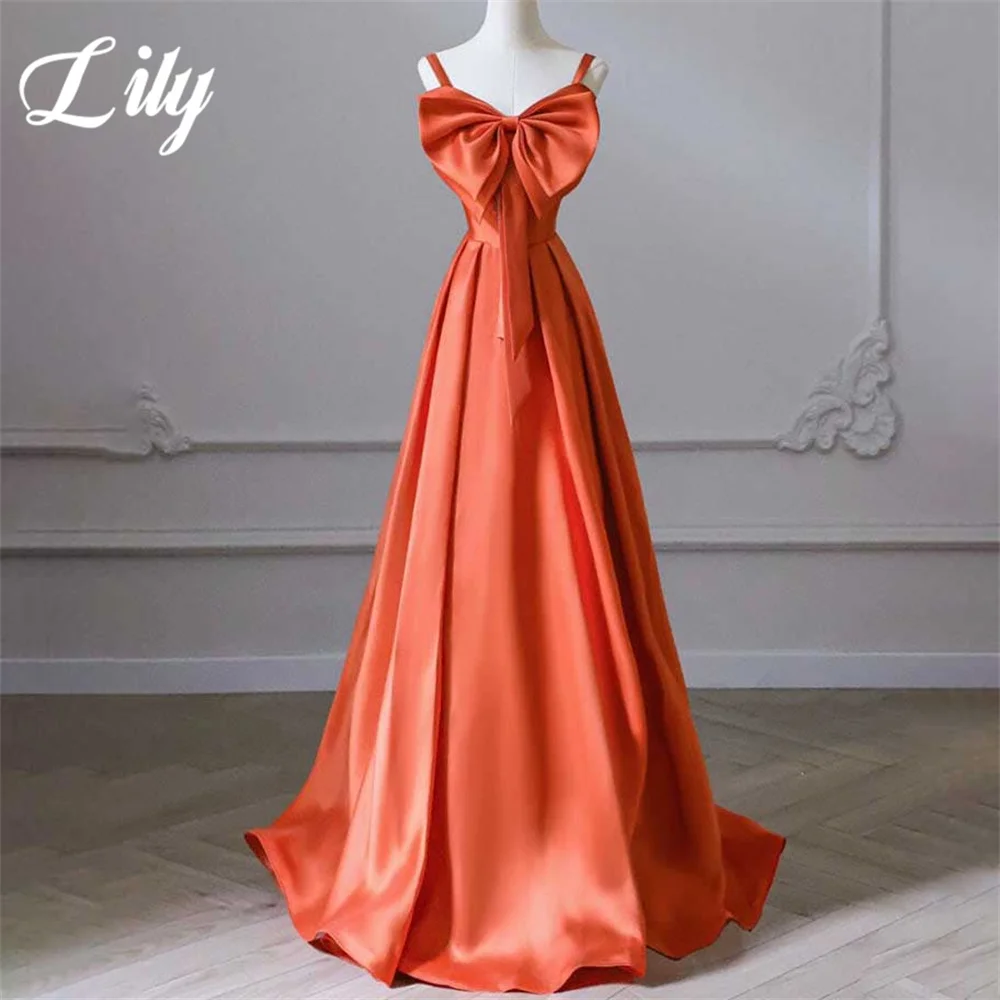 

Lily Orange Evening Gown A-Line Sleeveless Bow Elegant Prom Dress Spaghetti Strap Pleats Wedding Evening Dress robes de soirée