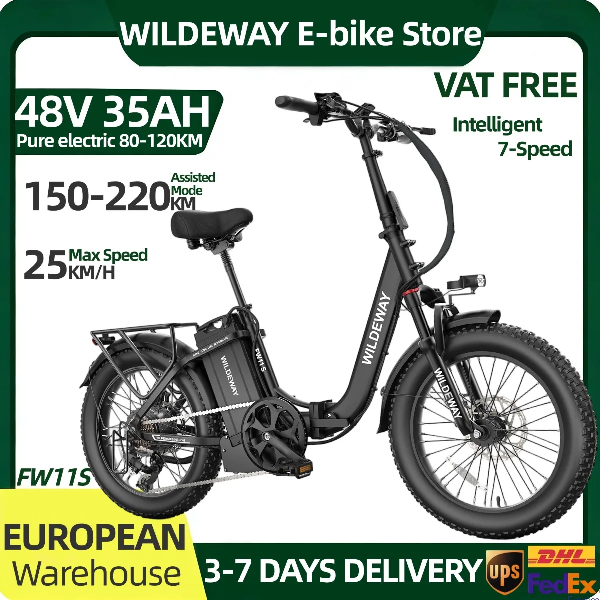 Wildeway Fw11S, vélo électrique 48V 35Ah pour adultes, pneus larges 20*3 pouces, cadre en alliage d'aluminium, 7 vitesses, mode d'assistance, autonomie de 150 à 220 km, vélo de montagne, moteur sans balais, batterie au lithium amovible, frein à disque, vélo électrique polyvalent pour montagne, route, ville et usage urbain.