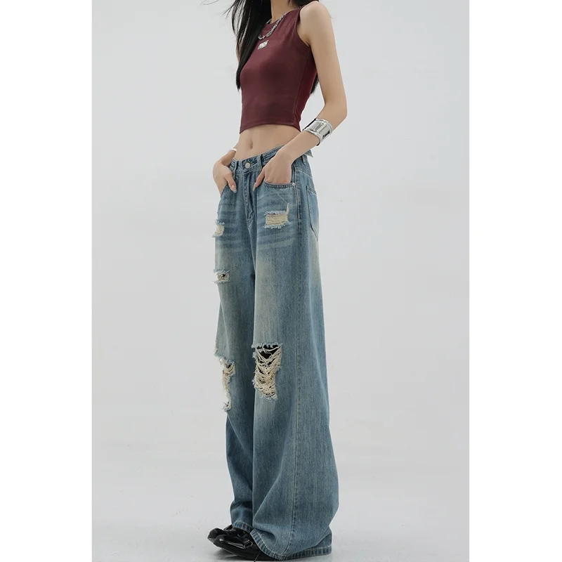 

2024 High Waist Blue Ripped Casual Women Jeans Fashion Vintage American Streetwear Y2K Style Wide Leg Trouser Baggy Denim Pants