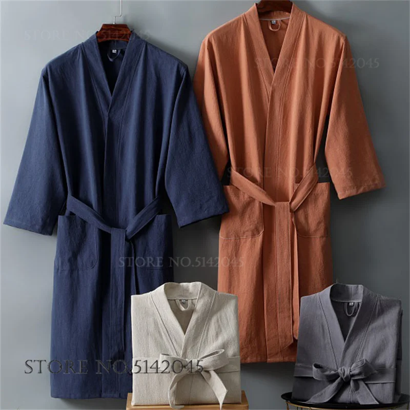 

Cotton Linen Couple Kimono Bathrobe Gown Japanese Yukata Comfortable Loose Casual Long Robe Sleepwear Homewear Women Loungewear