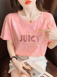 Pure cotton short sleeved T-shirt with female letters and sequins for women's summer 2024 new loose top