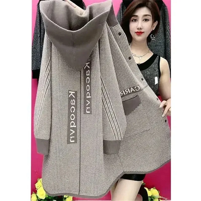 Mother\'s Spring Autumn Coat Female With Long Foreign Hnitted Hooded Jackets For Middle-Aged Elderly Women\'s Cardigan Outerwear