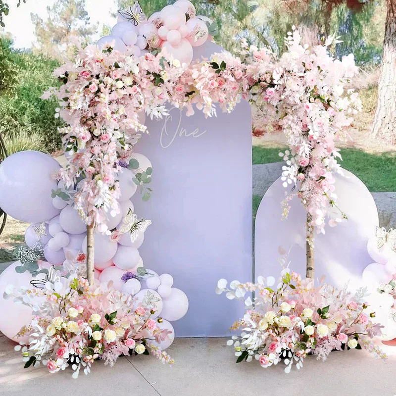 Simulação rosa cena de casamento arranjo de flores preservadas festa de casamento área de fotografia arco arranjo de flores