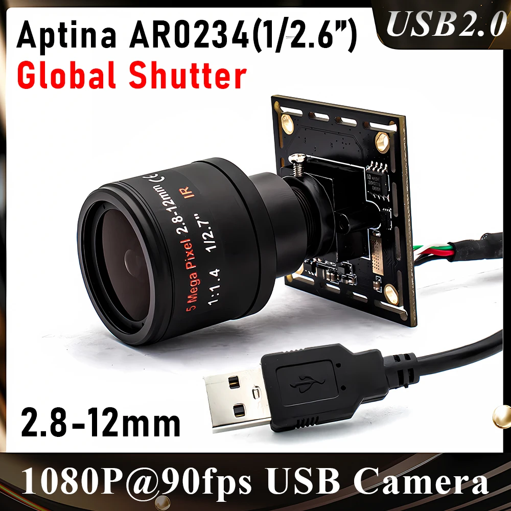 AR0234 Global Shutter USB Camera 1080P 90FPS Industrial Camera Board 2.8-12mm Varifocal Lens Plug And Play for Machine Vision