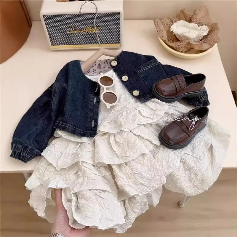 

Girls' Strap Dress Set New Denim Jacket Strap Dress Princess Dress Cake DressTM352