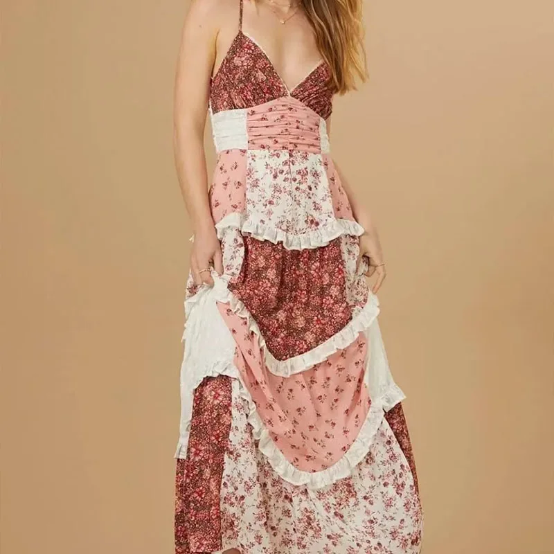 Casual ผู้หญิง Boho ปิดไหล่ชุดยาวเซ็กซี่พิมพ์ลายดอกไม้ Beach Sundress Elegant Holiday แขนกุด Patchwork Maxi Dresses