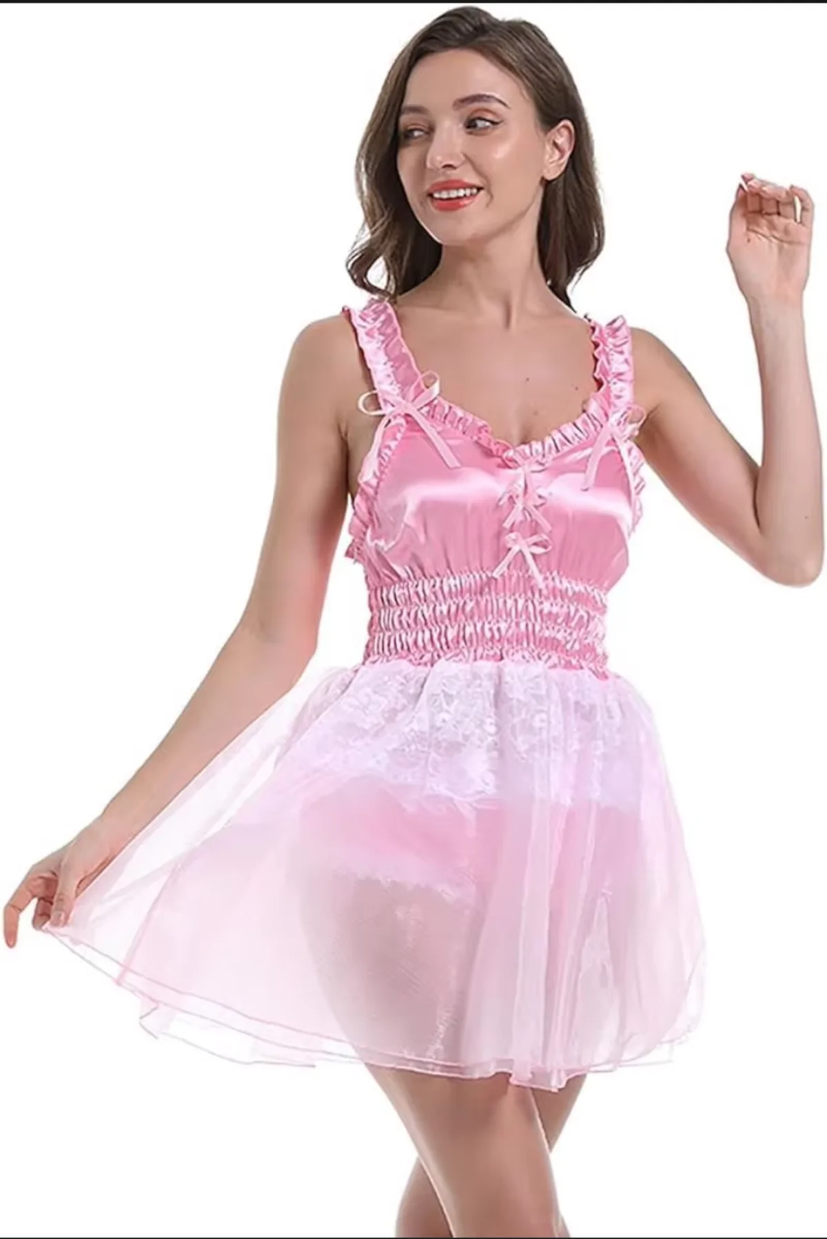 

Elastic Waistband and V-shaped New French Pink Suspender with Neckline with Shorts as a Base Satin Patchwork Sheer Dress