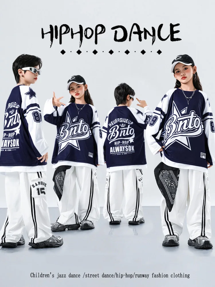Kind Street Dance Kostüm Hip Hop Mädchen Kostüm Oversize Tops Langarm Weiß Lose Hosen Kinder Jazz Dance Streetwear Sets