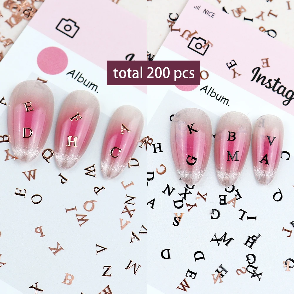 

200 pcs Letters Metal Nail Charms Gold Silver Black Champagne Metallic Nail Stud Manicure 3d Nail art Decorations Accessories