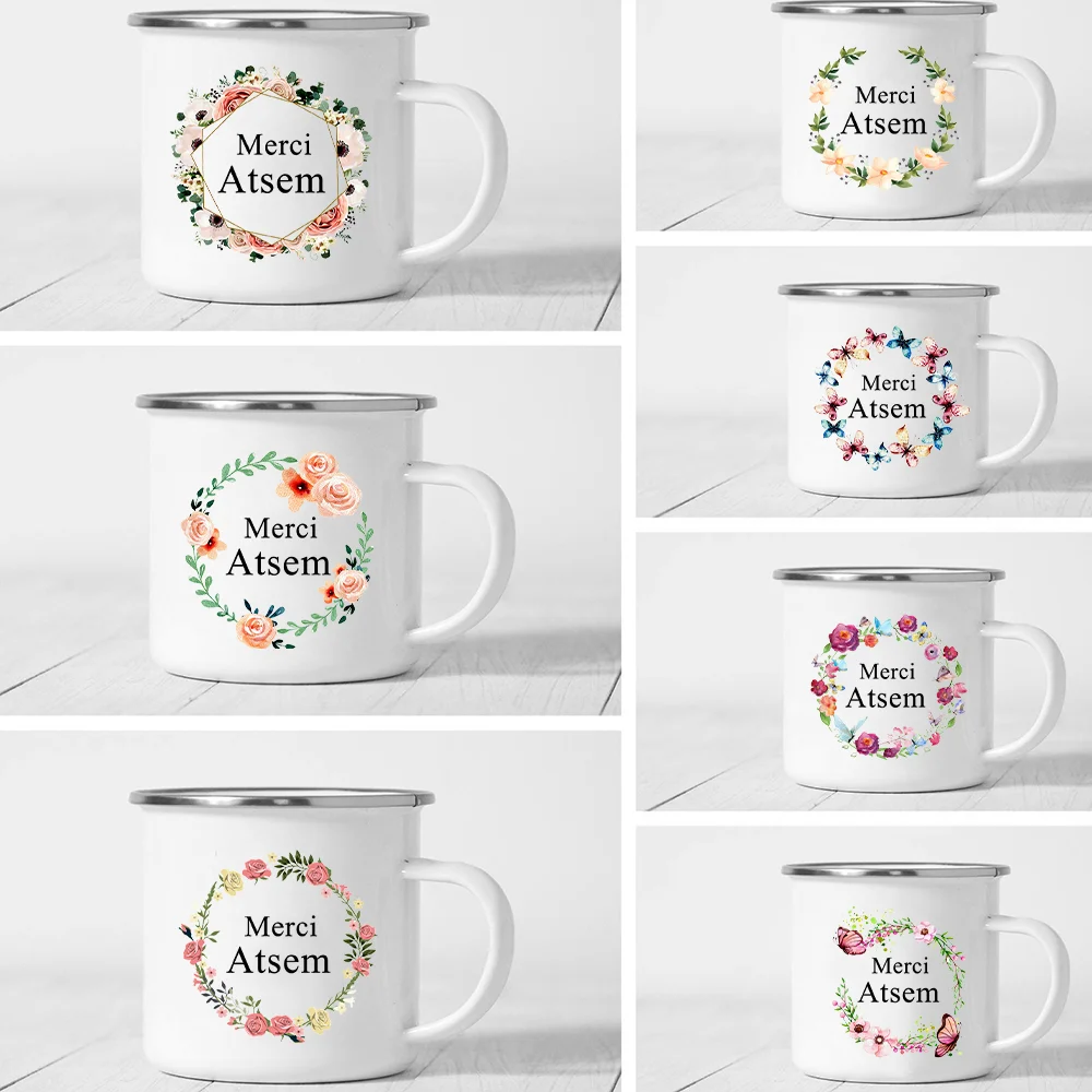 Merci Atsem In France Enamel Mugs Teacher's Day Drink Juice Coffee Dessert Cocoa Milk Handle Mug Festive Birthday Gifts