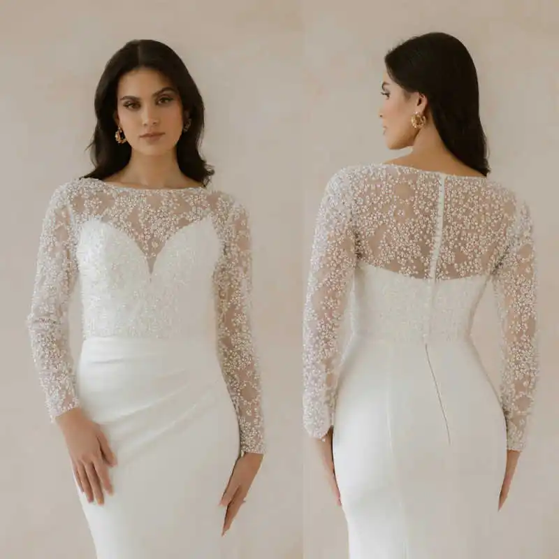 Customized Wedding Bridal Bolero Full Sleeves Lace Pearls Button Bridal Top Jacket Women Dresses Accessories