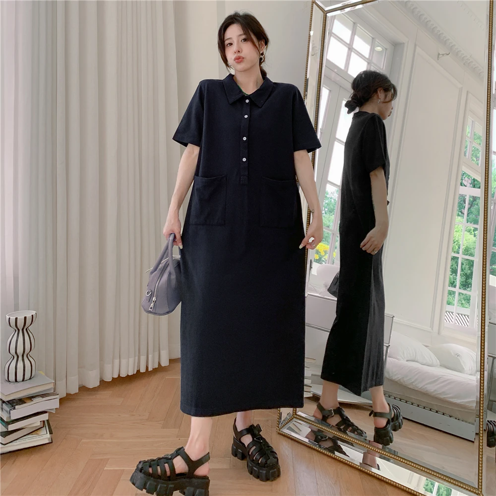 NYFS 2024 Summer New Korea Woman Dress Vestidos Robe Elbise Cotton Plus Size Double Pocket Polo Collar Short Sleeve Long Dresses