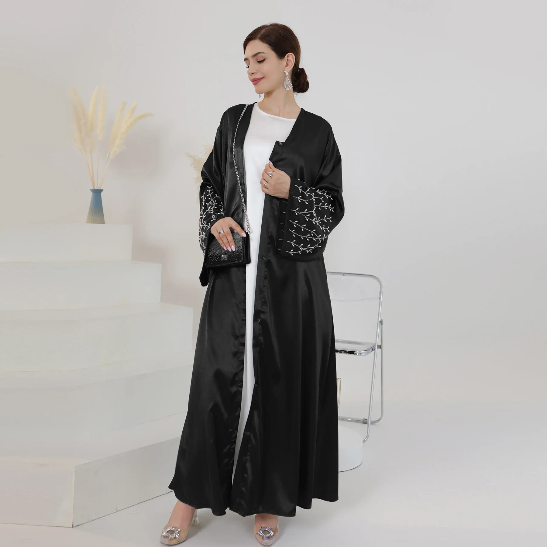 Kimono Abaya Dubai Luxe Kralen Snap-Sluiting Front Moslim Feest Jurk Abaya Voor Vrouwen Kalkoen Islam Bescheiden Kaftan Hijab Gewaad