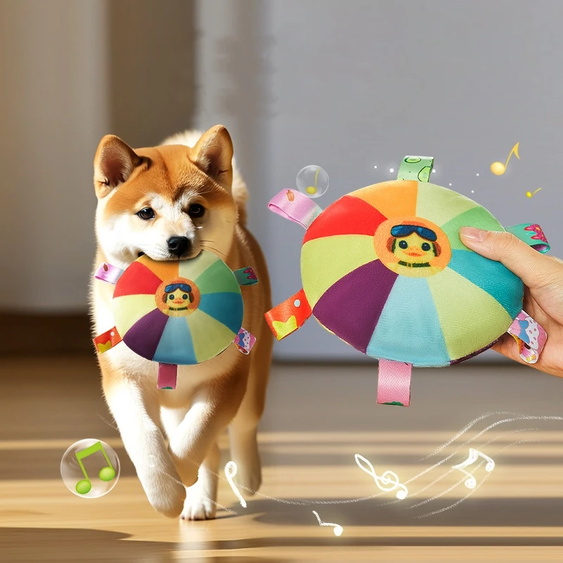 Funny Rainbow Plush Flying Saucer Dog Toys Outdoor Interactive Training Games Chew Toy Pets Flying Discs Toys with Bells