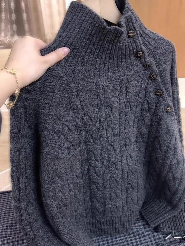 

Loose High Ne Knitted Sweater Women's Faion Autumn Winter ey Twist Knit Top Korean Sle Medium Softn Long Sve