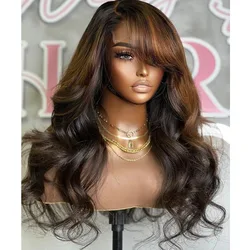 Side Heavy Bangs Light Brown 5x5 Lace Closure Human Hair Wigs for Black Women Pre Plucked 360 Lace Frontal Fringe Wigs Remy