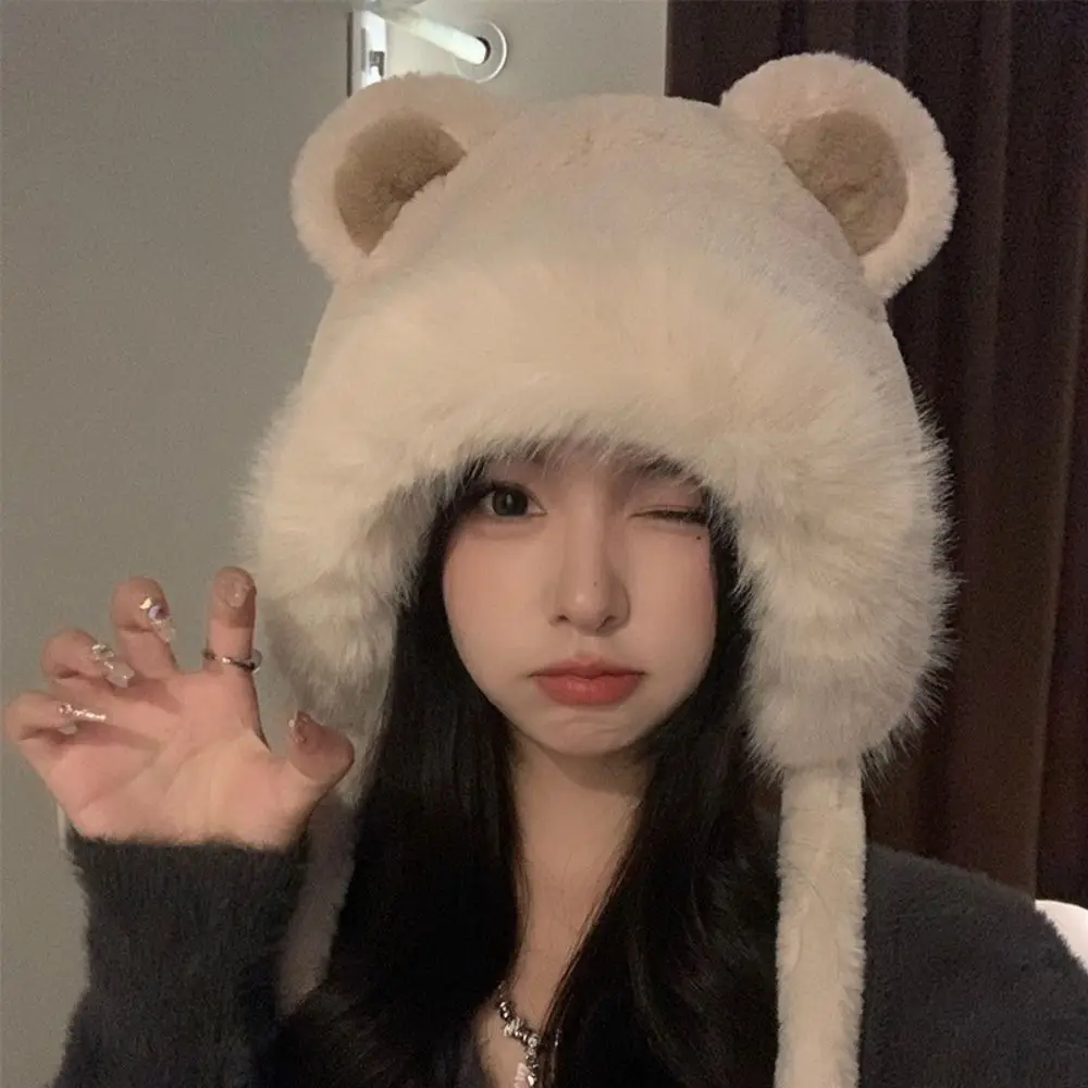 여성용 겨울 곰 봉제 모자, 야외 사이클링 귀 보호 모자, 두꺼운 따뜻한 모자, 캐주얼 양털 모자, 여성용 따뜻한 필수품